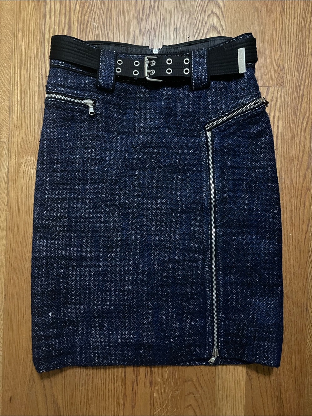 Marc Jacobs Dark Blue Wool Blend Zip Pencil Skirt with Belt